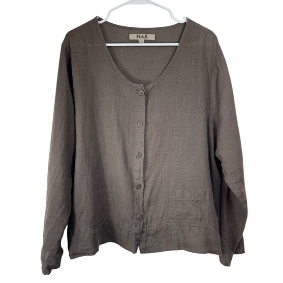 Flax Size Large 100% Linen Brown Button Front Top Jacket Pocket Lagenlook - Picture 1 of 8
